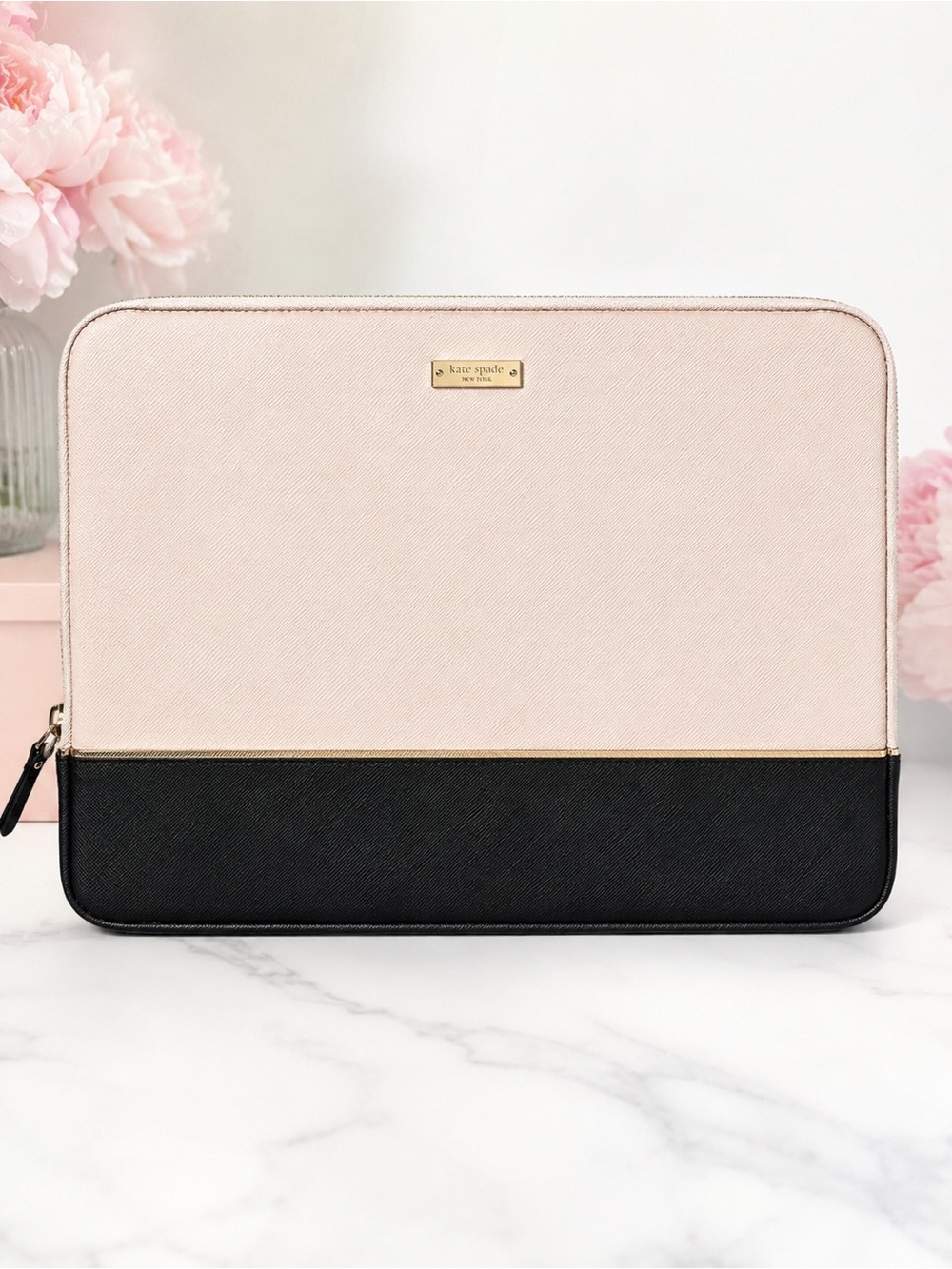 Kate Spade Pink Black Saffiano Leather Laptop Sleeve